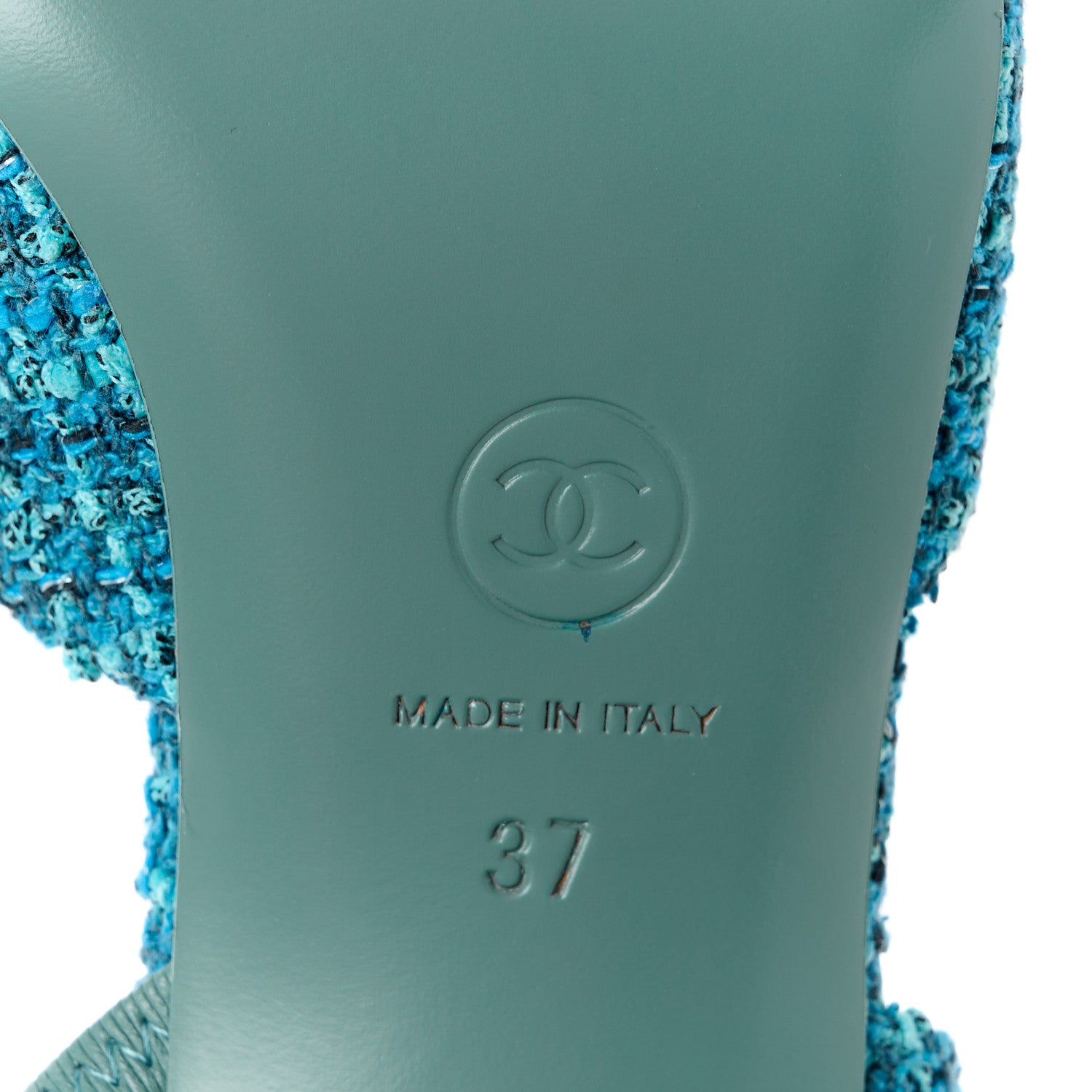 Chanel Tweed Lambskin Cap Toe CC Slingback Pumps 37 Blue Green 6 of 13