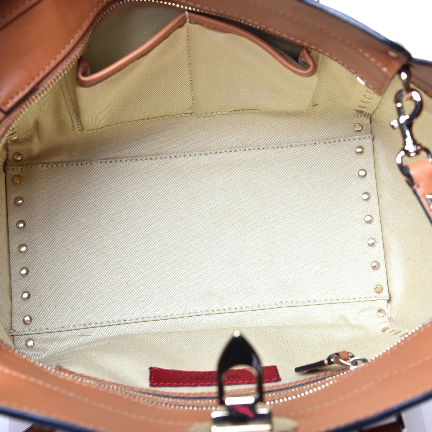 Vitello Small Rockstud Double Handle Tote Light Cuir