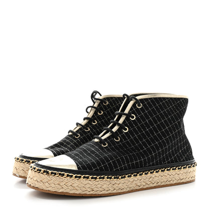 Chanel Tweed Lambskin Chain Lace Up High Top Espadrille Sneakers 36 Black Gold 3 of 9