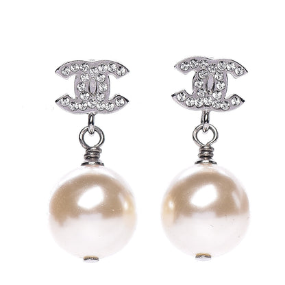 Chanel Crystal Pearl CC Drop Earrings Silver Pearly White 1 of 5