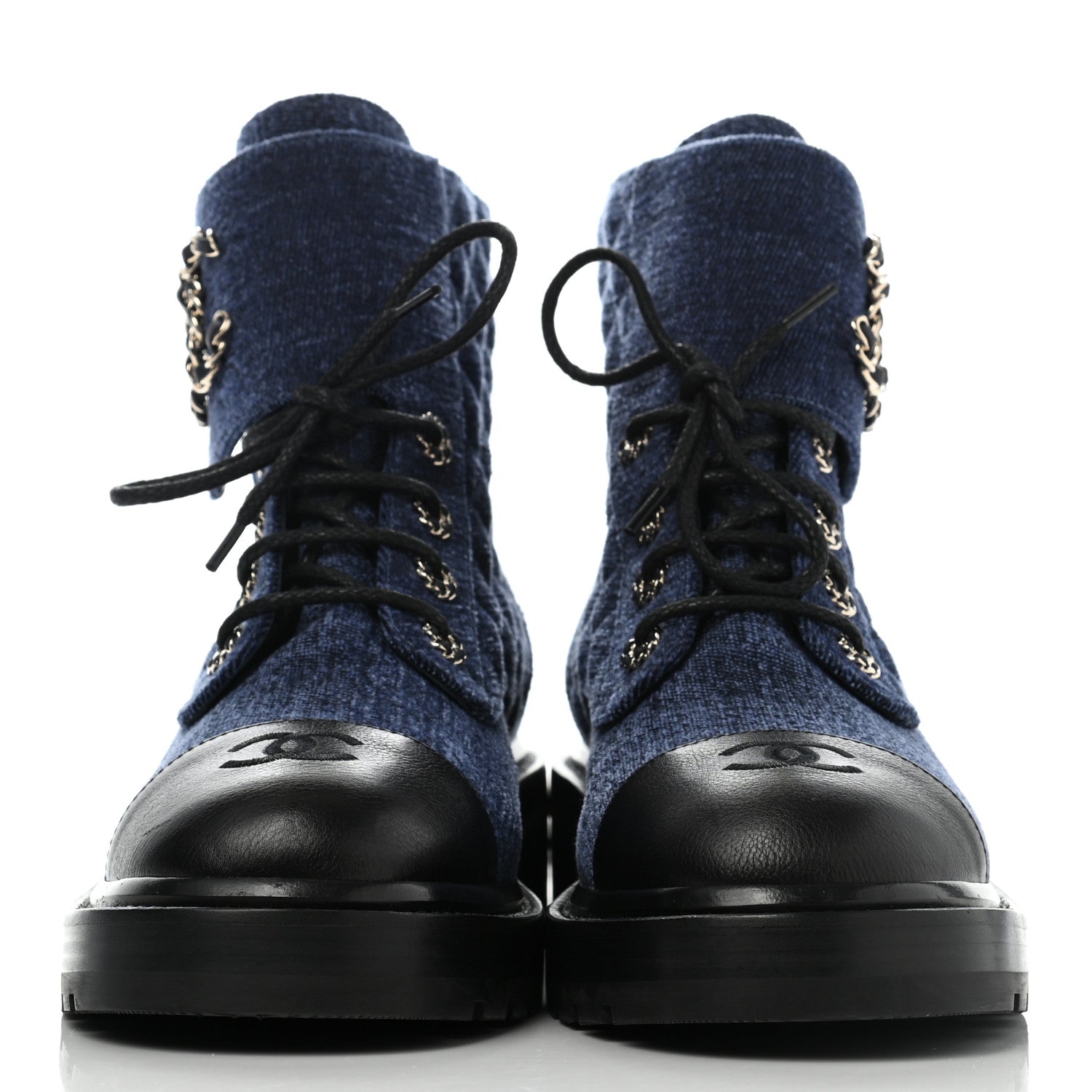 Chanel Shiny Calfskin Velvet Quilted Lace Up Combat Boots 40 Blue Black 2 of 9