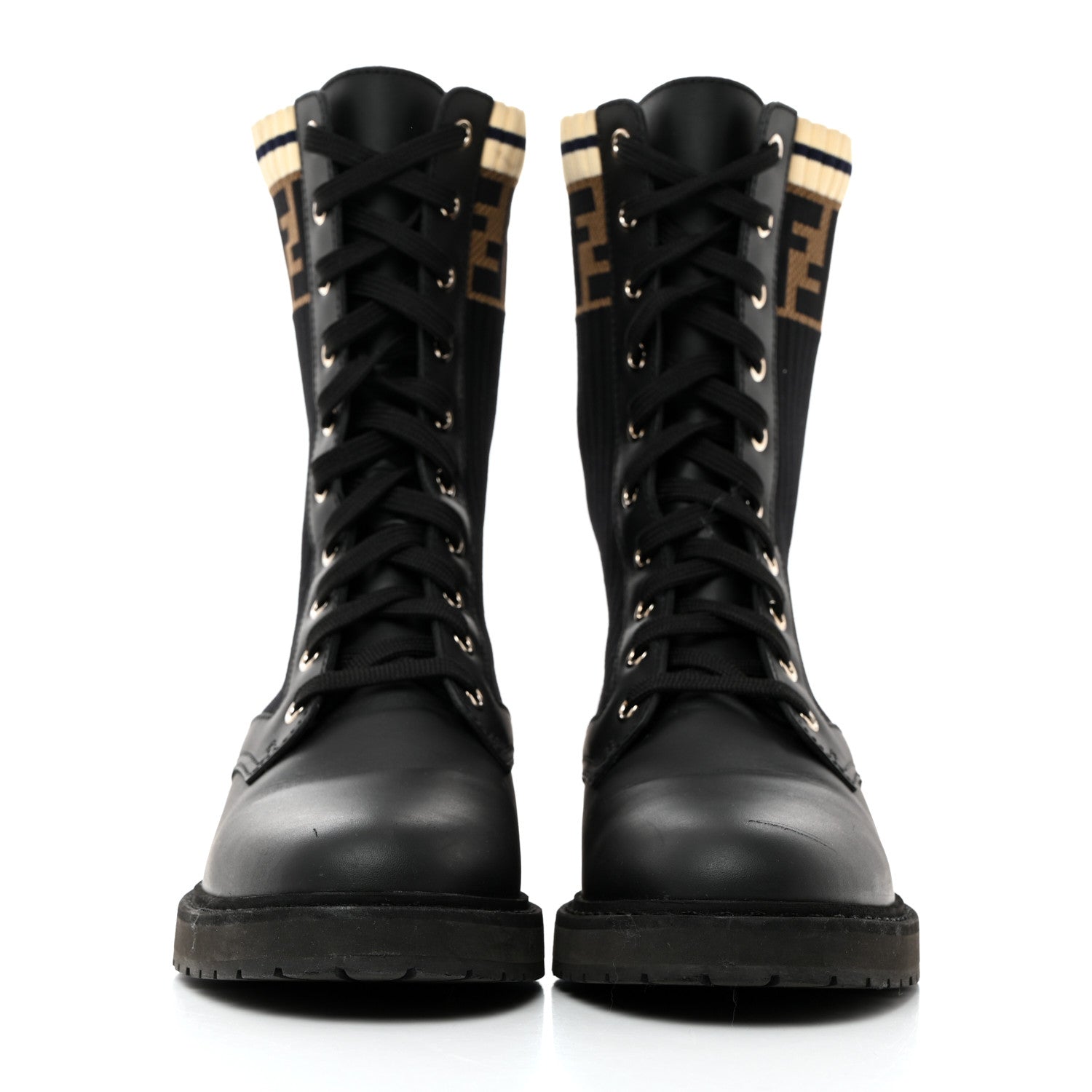 Fendi Calfskin Stretch Fabric Rockoko Biker Boots 39 Tobacco Black Marino 2 of 9