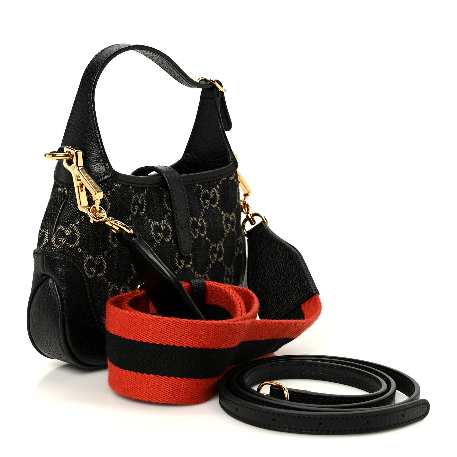 Gucci Jacquard Denim GG Monogram Small Jackie 1961 Hobo Black Ivory 3 of 11