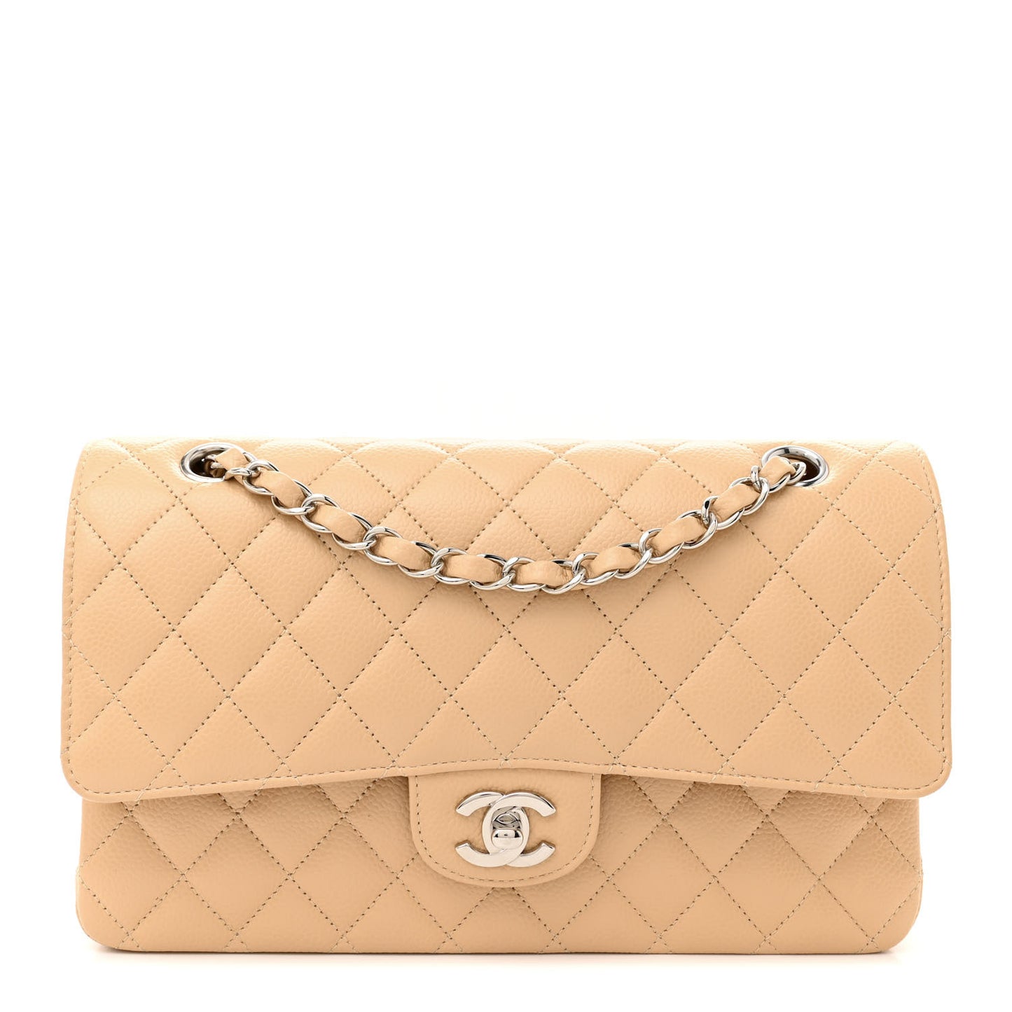 Caviar Quilted Medium Double Flap Beige