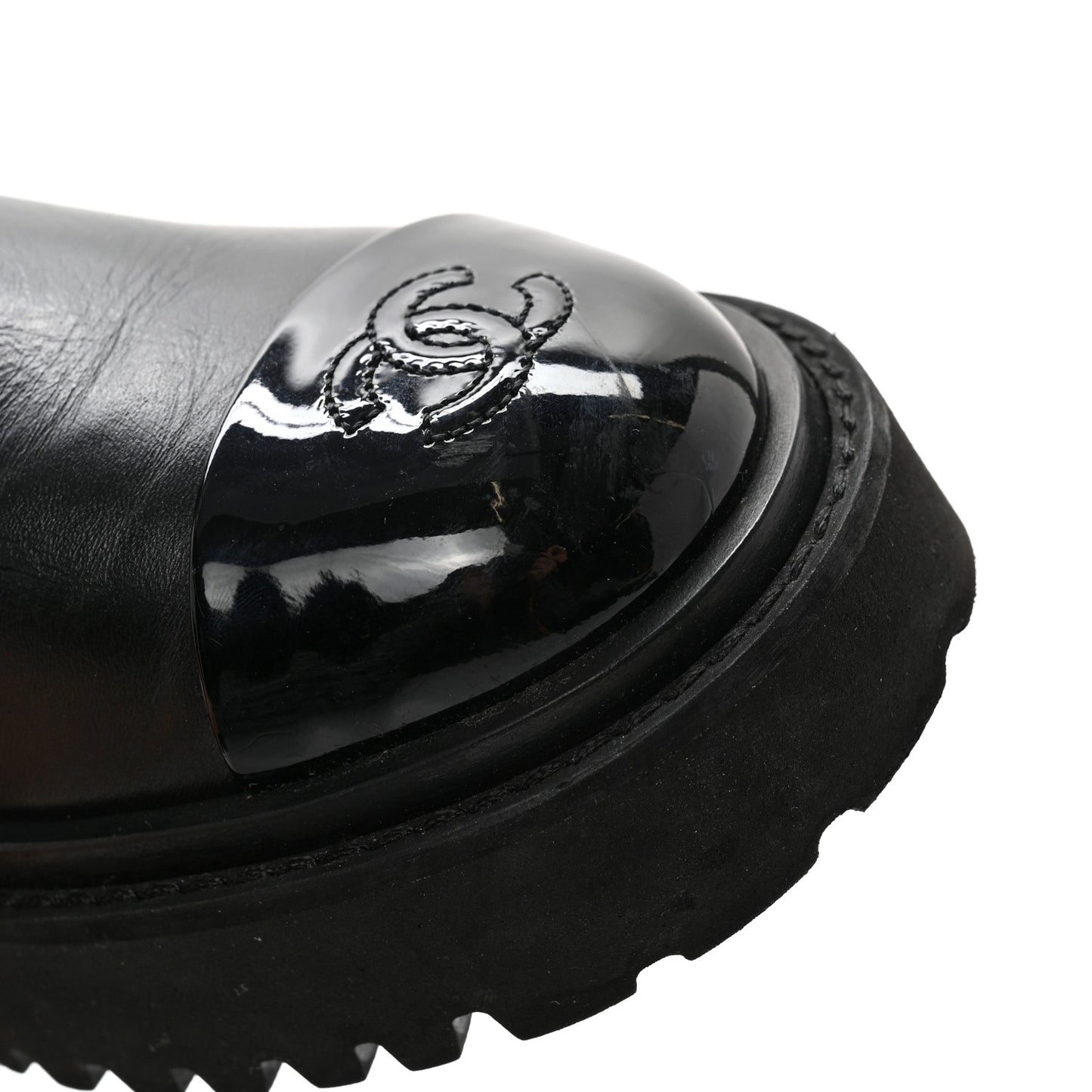 Crumpled Calfskin Patent Cap Toe Short Boots 36.5 Black
