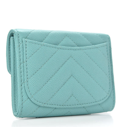 Chanel Caviar Flat Chevron Quilted Card Holder Wallet Green 3 of 9