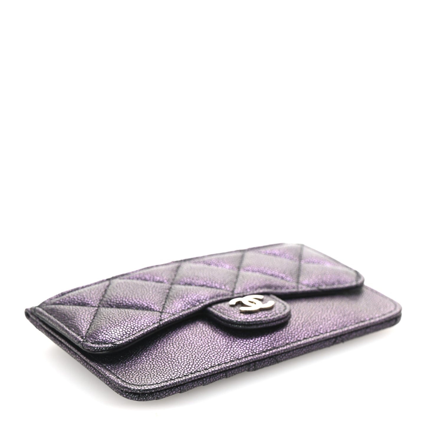 Iridescent Caviar Quilted Flap Zip Card Holder Black