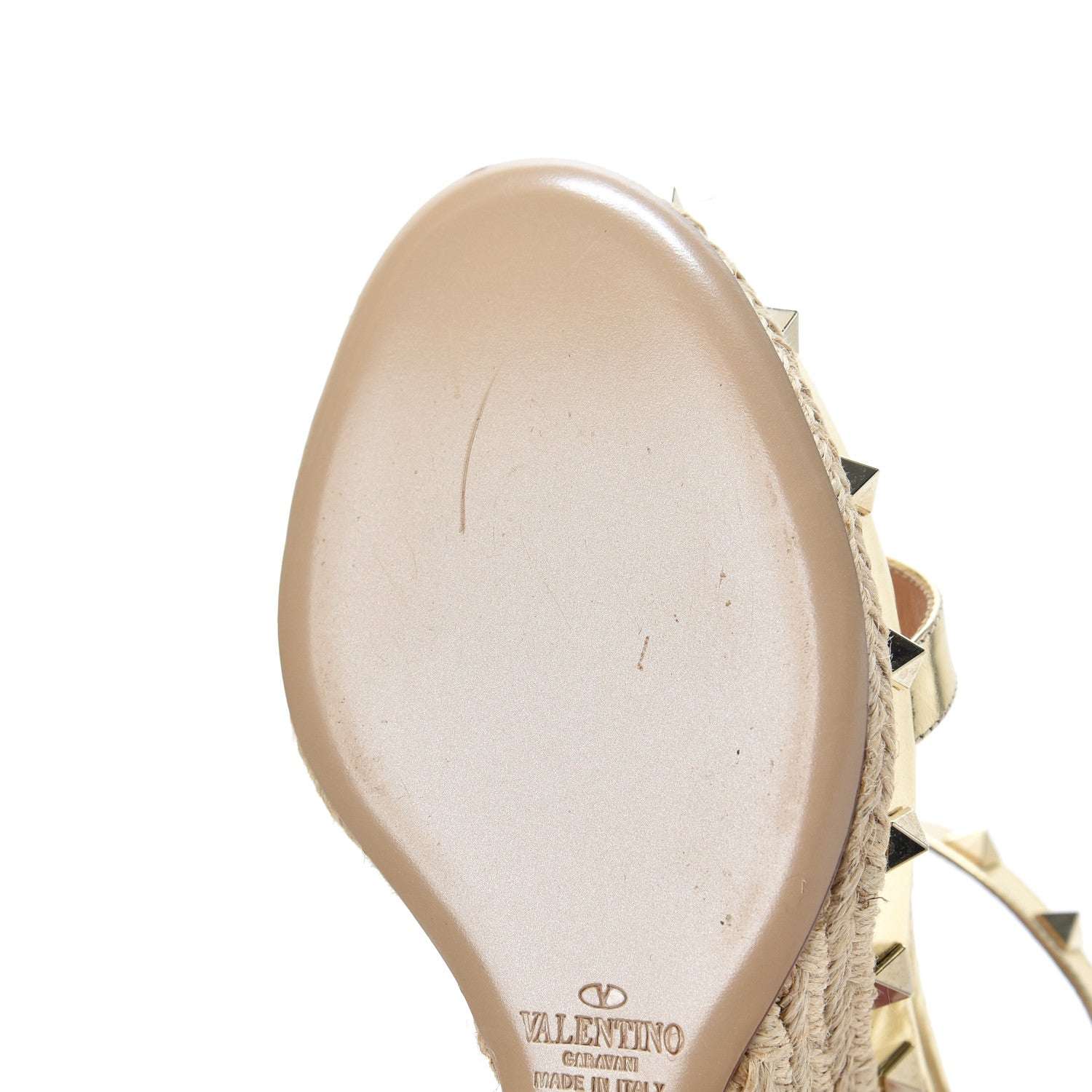 Valentino Garavani Metallic Calfskin Raffia Rockstud T-Strap Slingback Espadrille Wedge Sandals 39 Gold 21 of 21