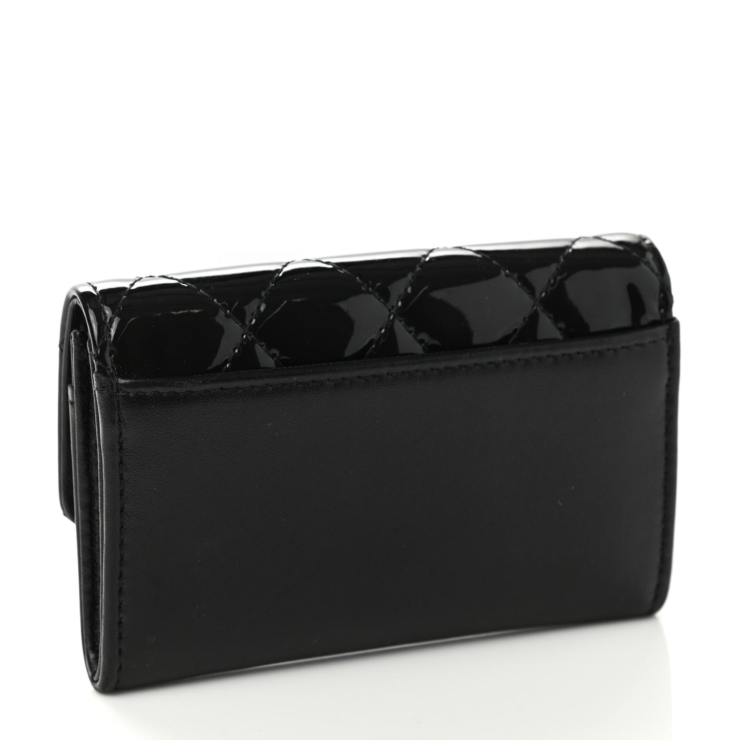 Patent Calfskin Quilted Flap Card Holder Black