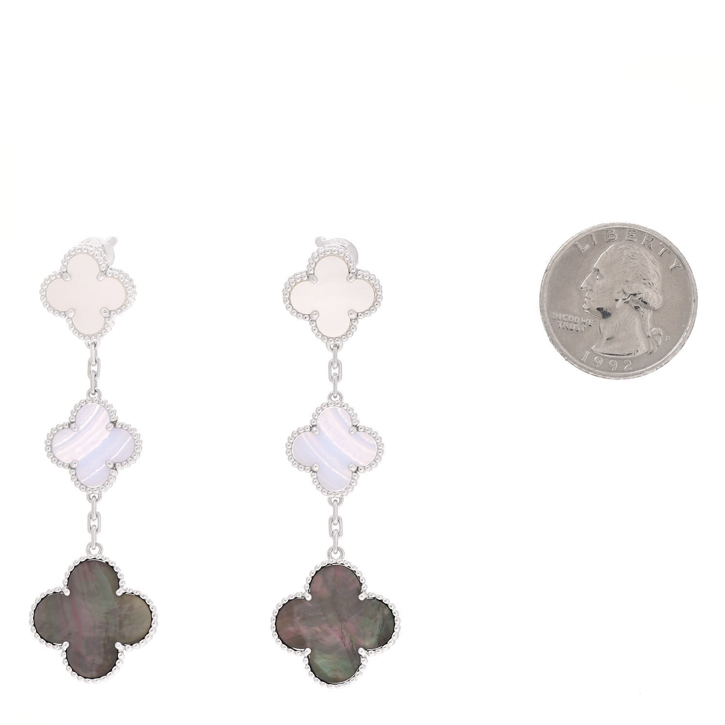 18K White Gold Mother of Pearl Chalcedony 3 Motifs Magic Alhambra Earrings