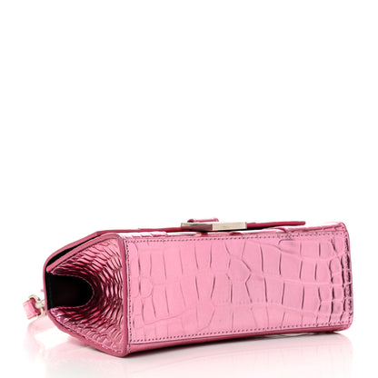 Balenciaga Metallic Shiny Calfskin Crocodile Embossed Hourglass Top Handle Bag XS Pink 4 of 10