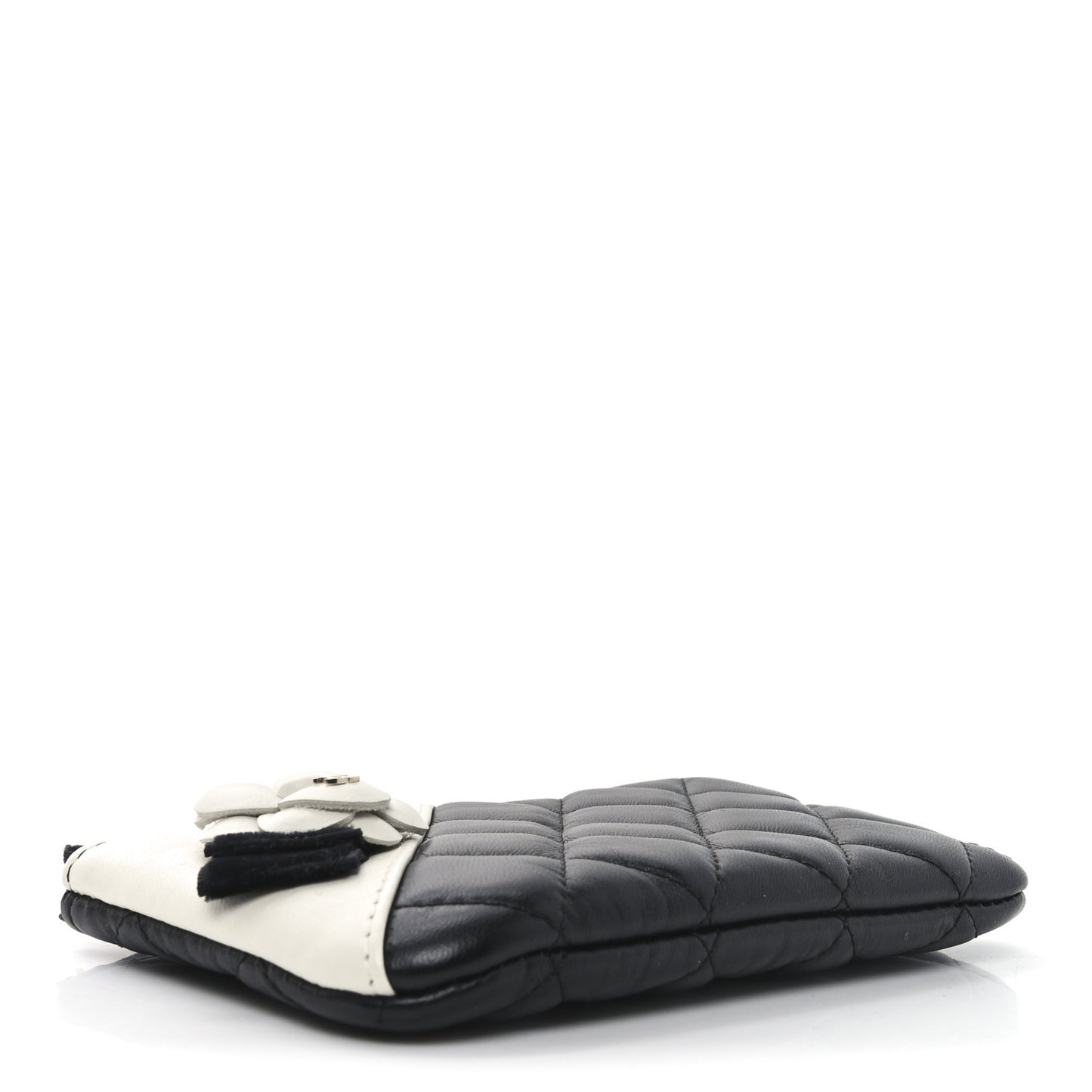Lambskin Quilted Small Camellia Cosmetic Pouch Black White