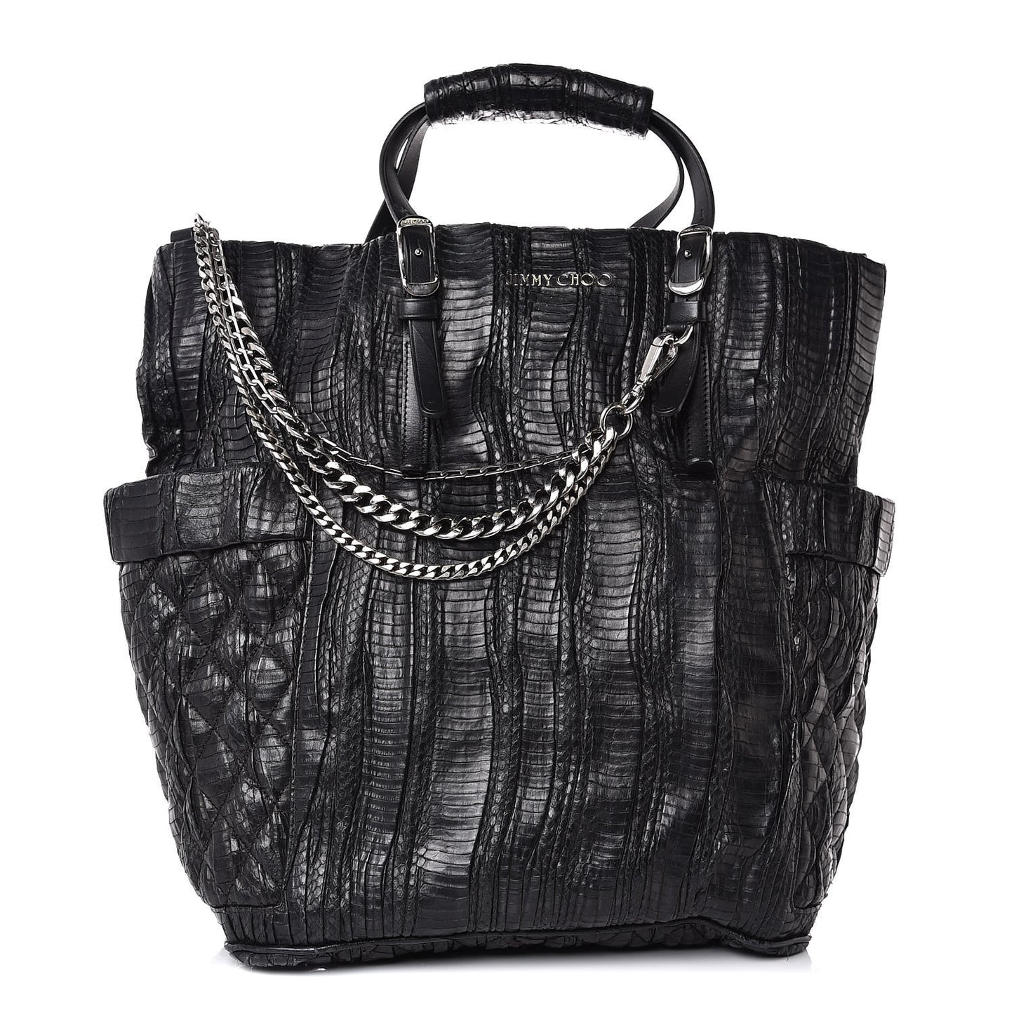 Waxed Snakeskin Chain Embellished Blare Tote Black