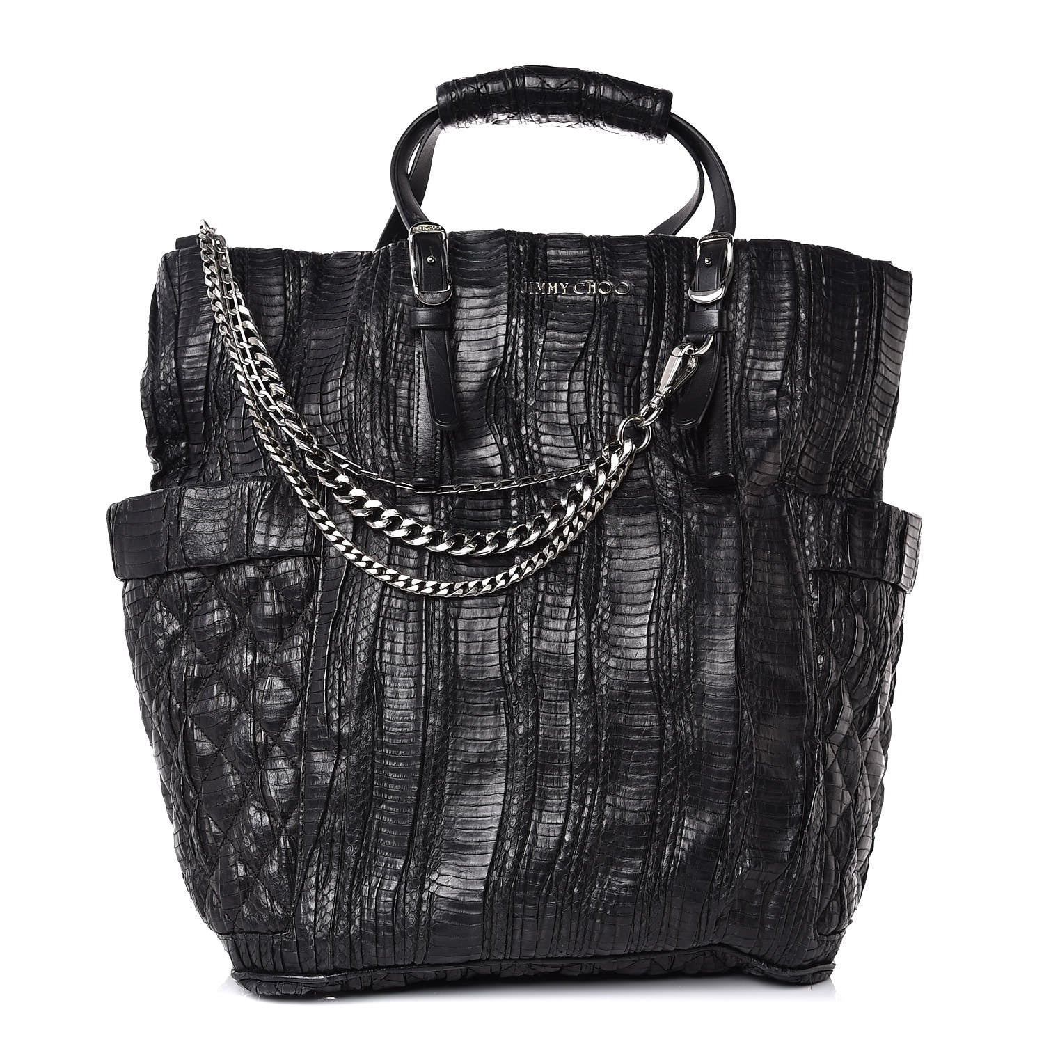 Jimmy Choo Waxed Snakeskin Chain Embellished Blare Tote Black 1 of 9