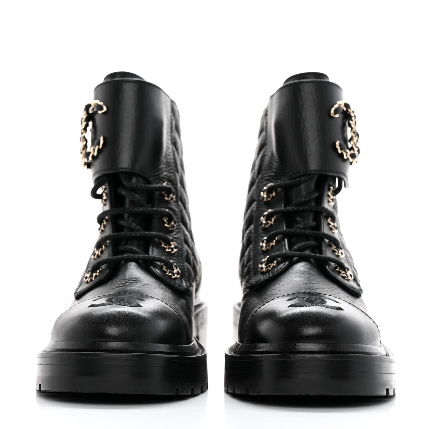 Shiny Calfskin Quilted Lace Up Combat Boots 36.5 Black