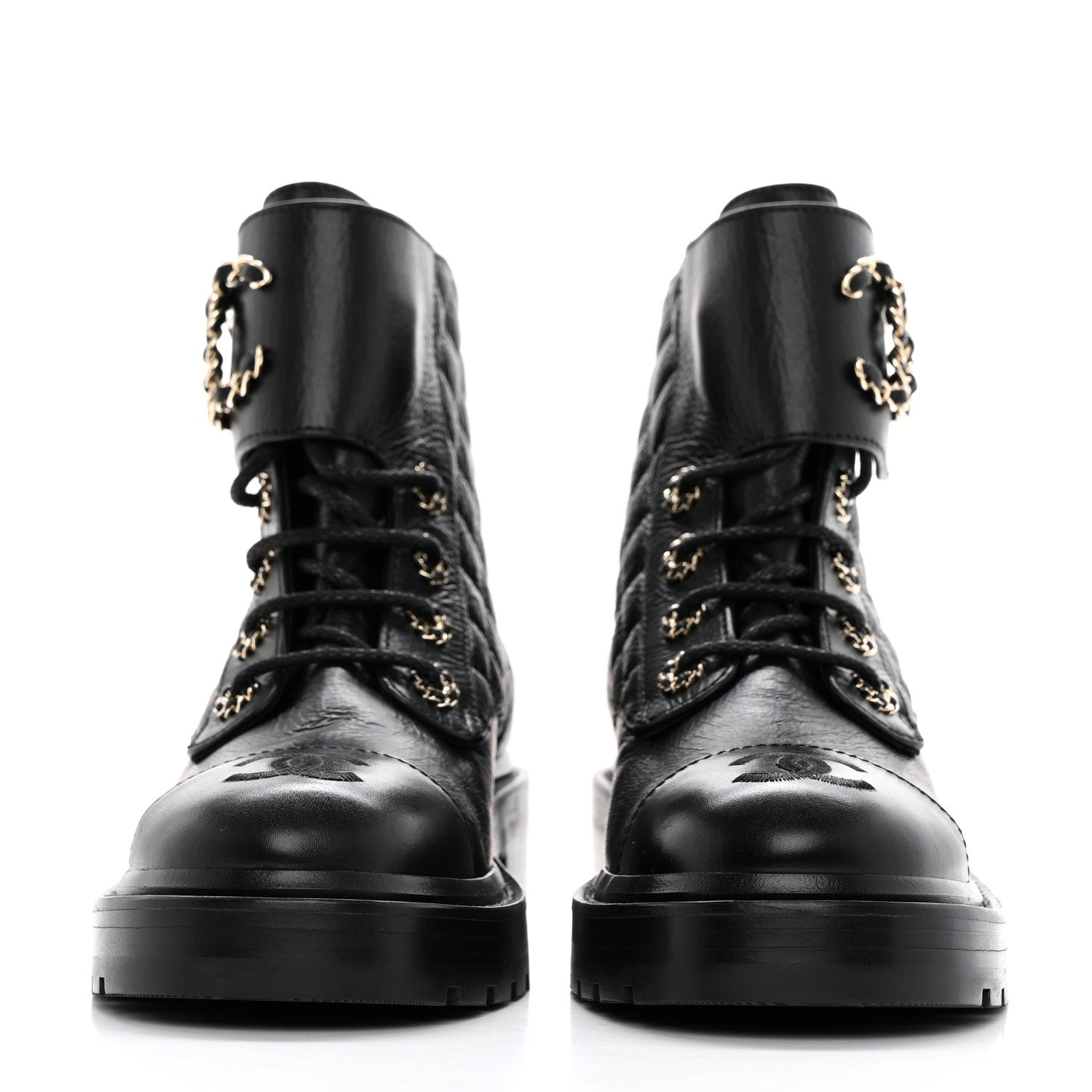 Chanel Shiny Calfskin Quilted Lace Up Combat Boots 36.5 Black 2 of 16