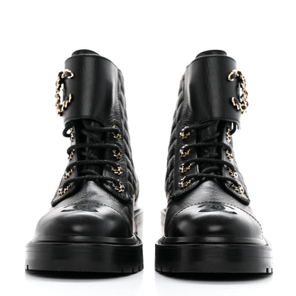 Chanel Shiny Calfskin Quilted Lace Up Combat Boots 36.5 Black 2 of 16