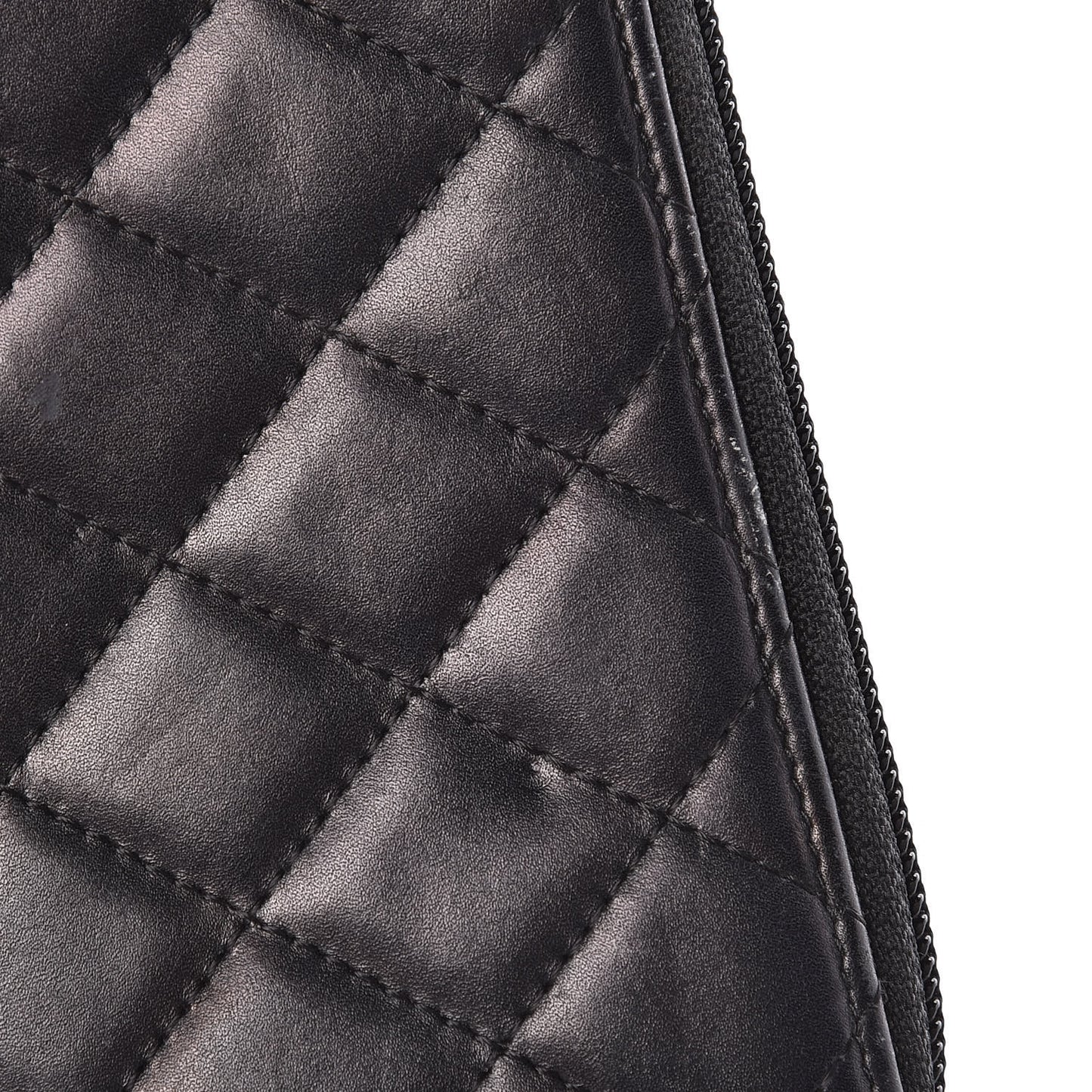 Calfskin Quilted Cambon Large Gusset Zip Around Wallet Black Silver