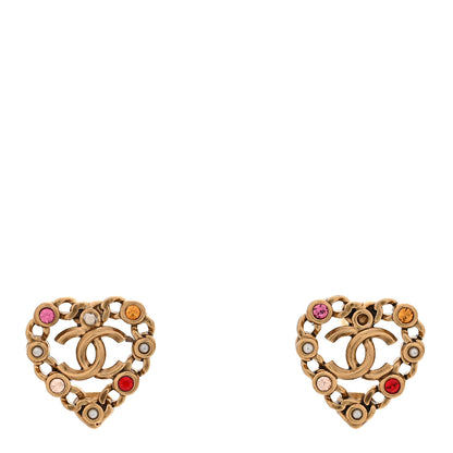 Chanel Pearl Crystal CC Heart Earrings Gold Multicolor 1 of 6