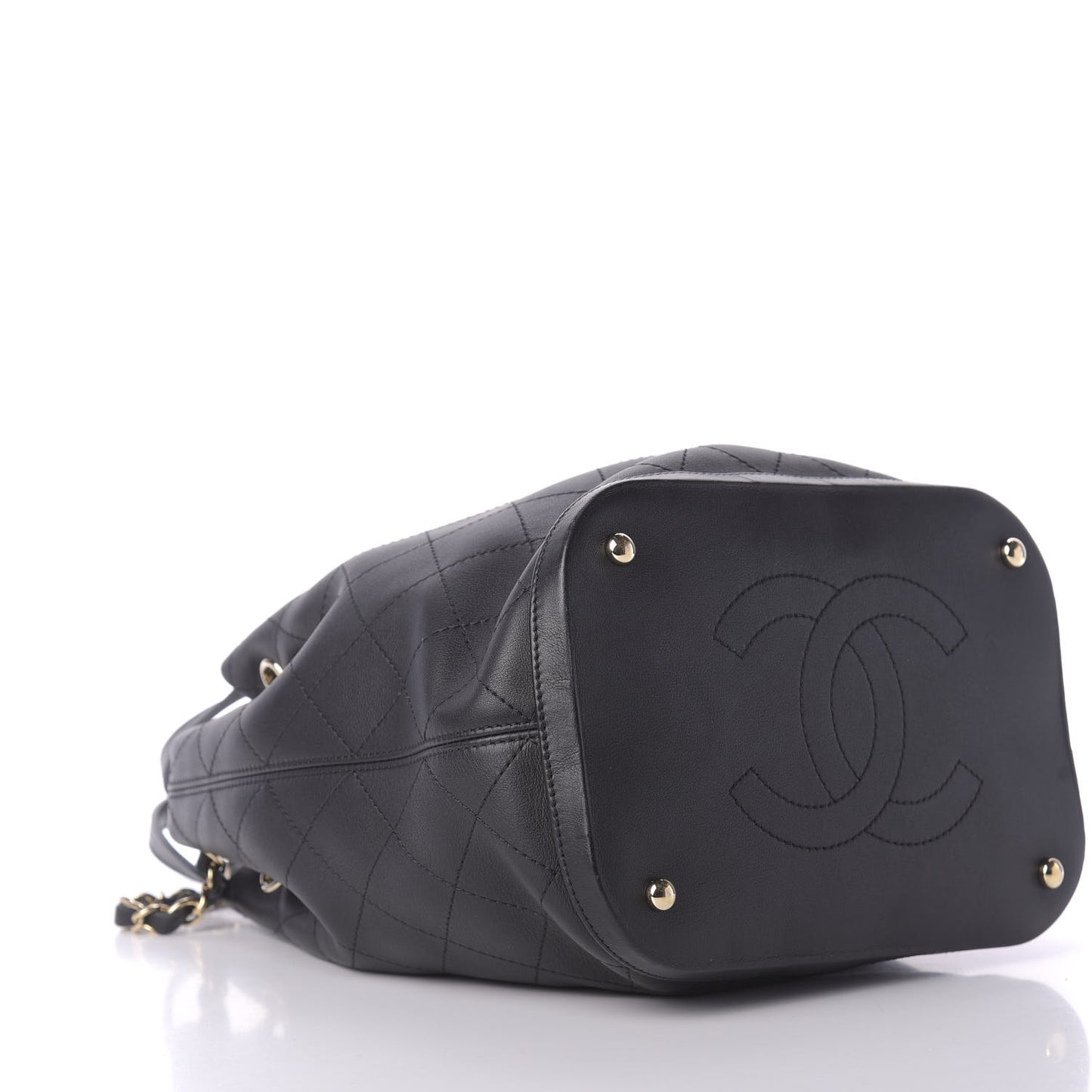 Calfskin Stitched Chain Top Handle Bucket Bag Black