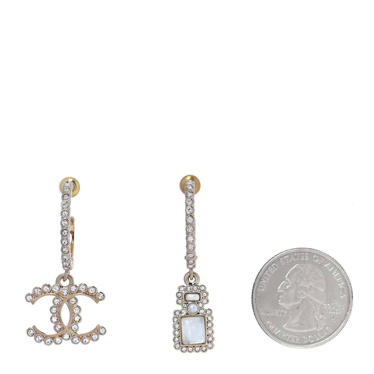 Crystal Pearl CC Perfume Bottle Drop Hoop Earrings Gold