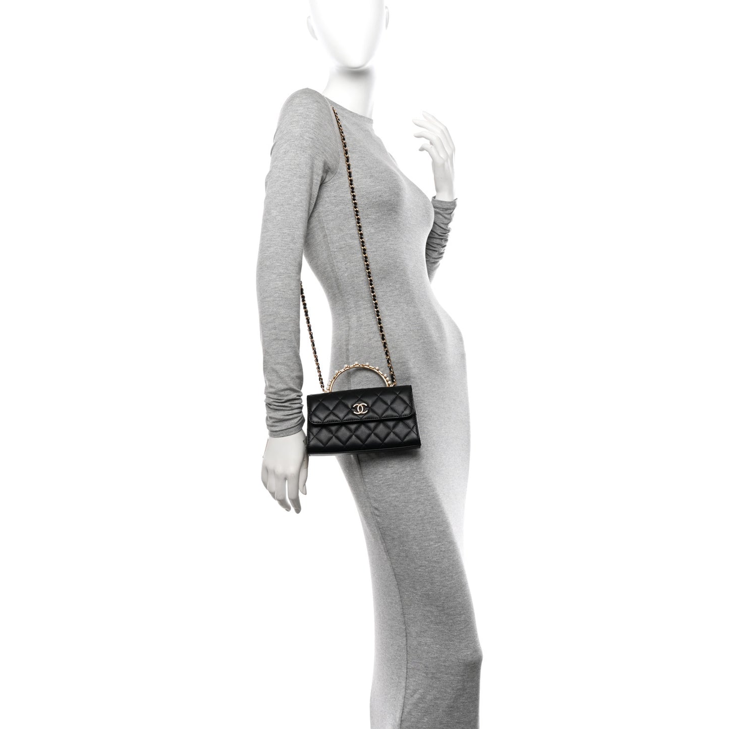 Lambskin Pearl Crystal Quilted Pearly Girl Handle Flap Phone Holder With Chain Black