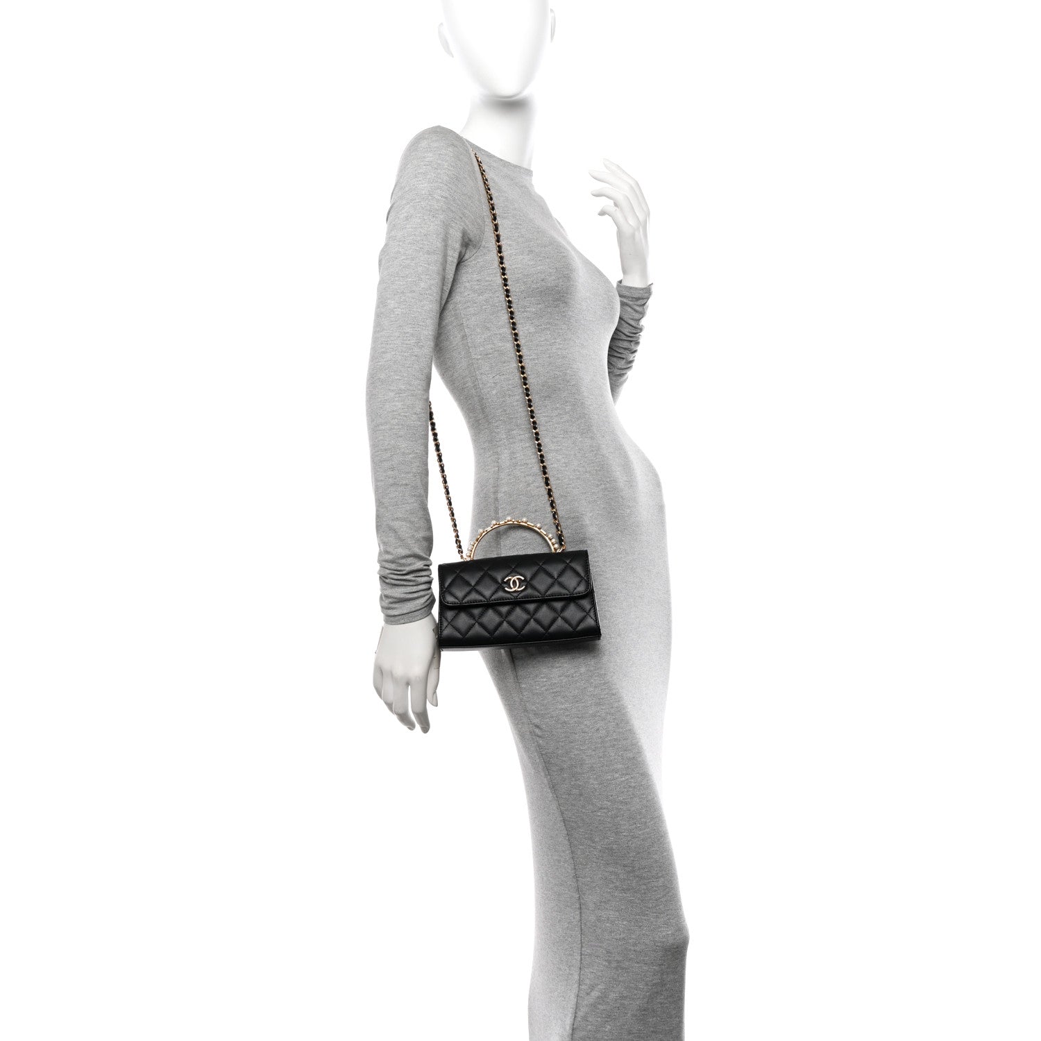 Chanel Lambskin Pearl Crystal Quilted Pearly Girl Handle Flap Phone Holder With Chain Black 2 of 11