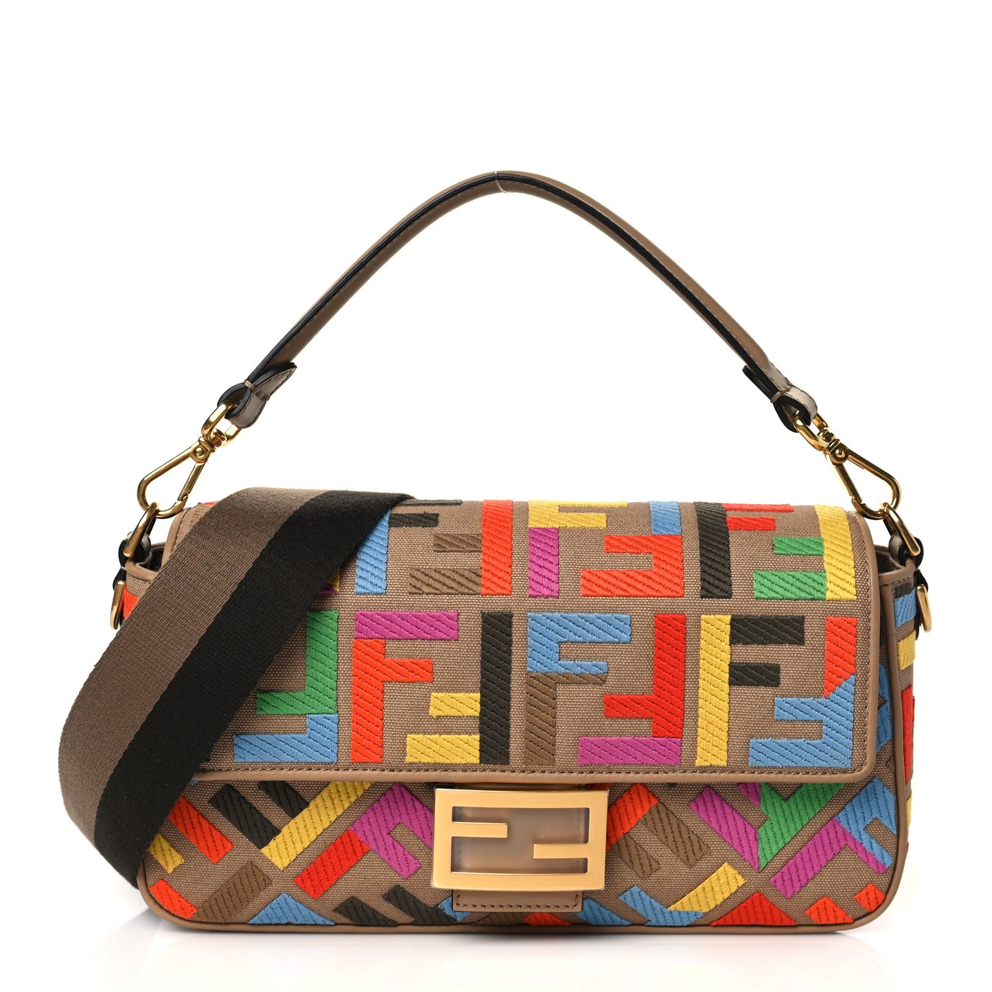 Canvas Vitello King FF Multicolor Embroidered Baguette Multicolor Cuoio