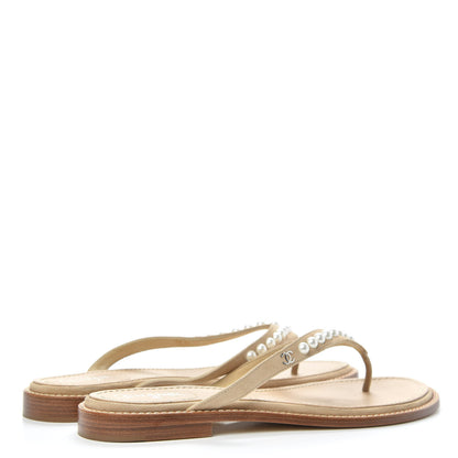 Chanel Suede Pearl Thong Sandals 39 Beige 4 of 11