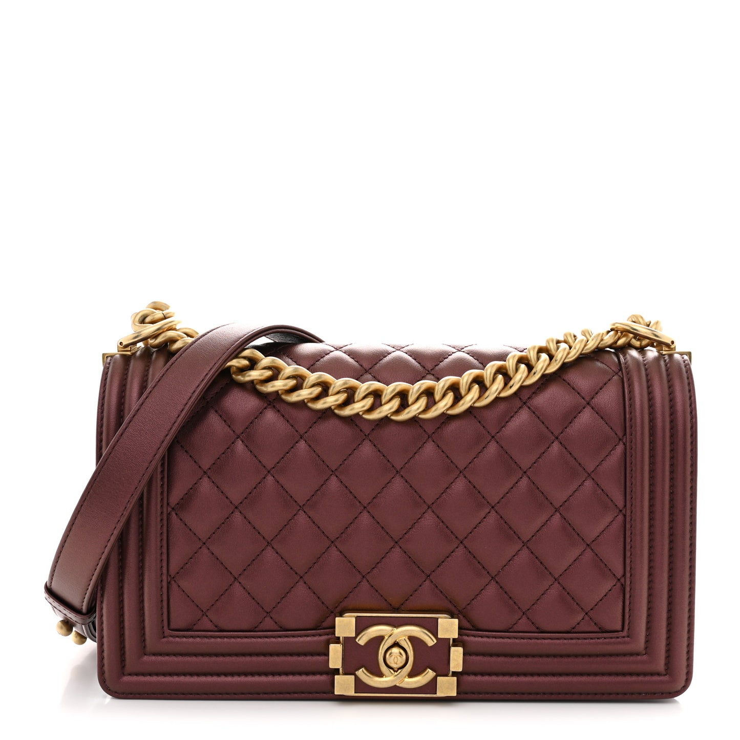 Metallic Calfskin Quilted Medium Boy Flap Plum