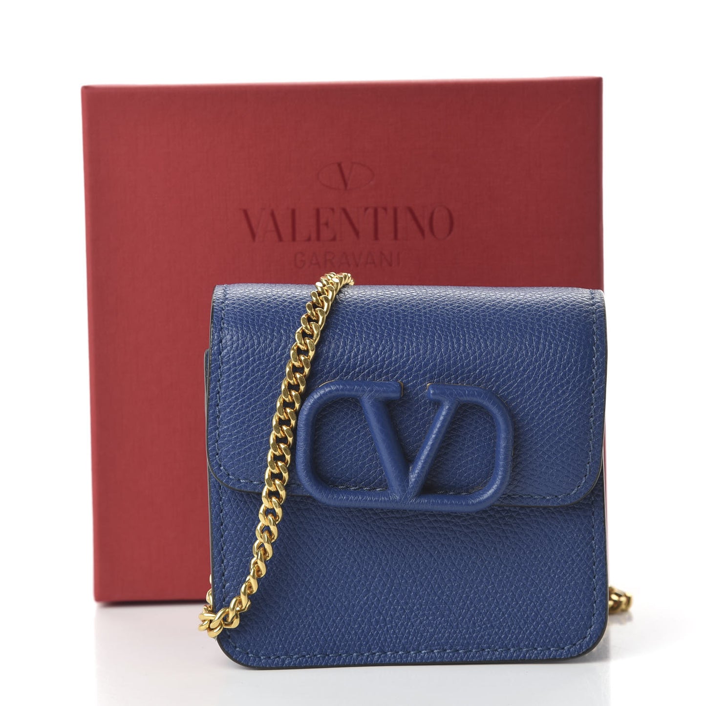 Grainy Calfskin VLogo Compact Wallet with Chain Blue