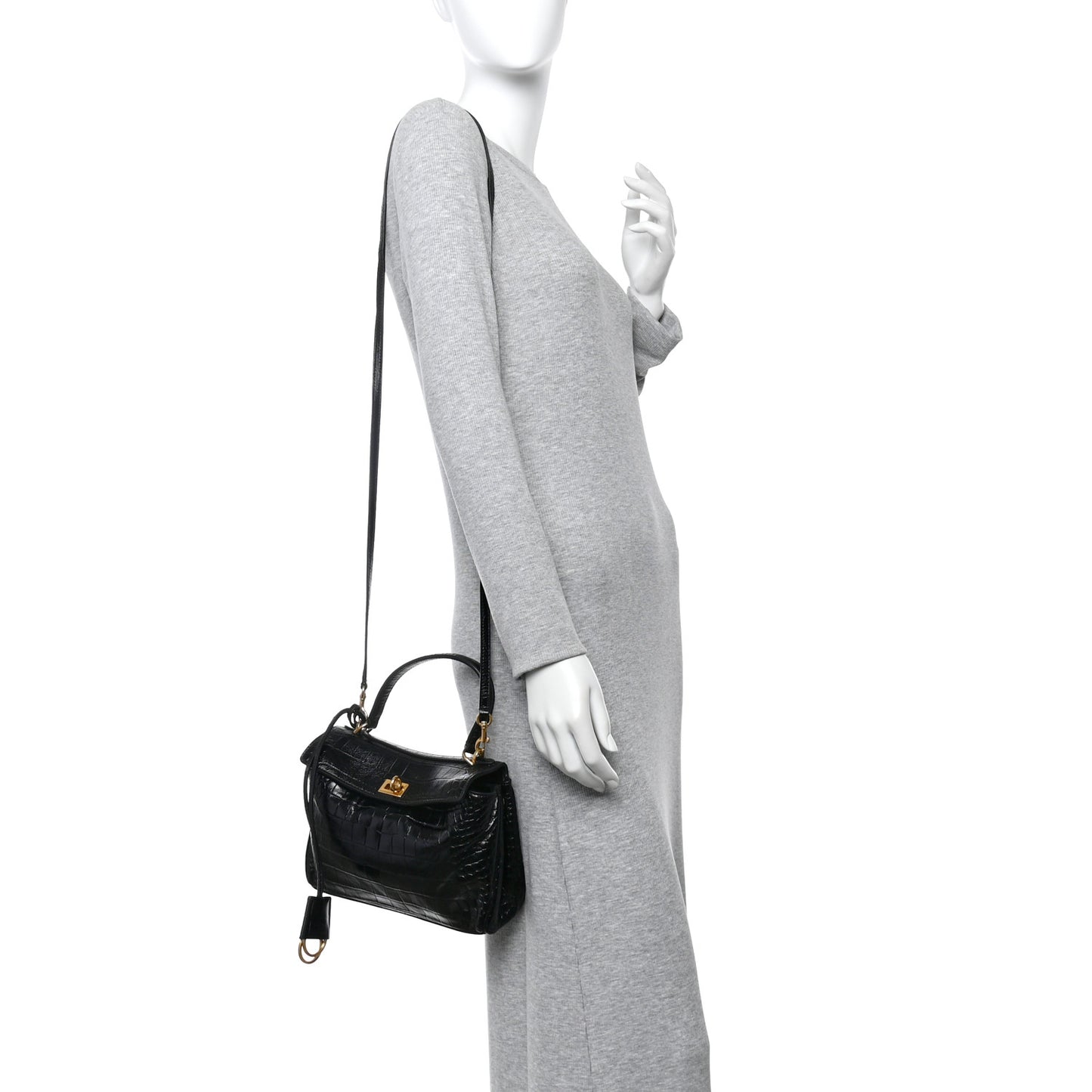 Shiny Calfskin Crocodile Embossed Mini Rodeo Top Handle Handbag Black