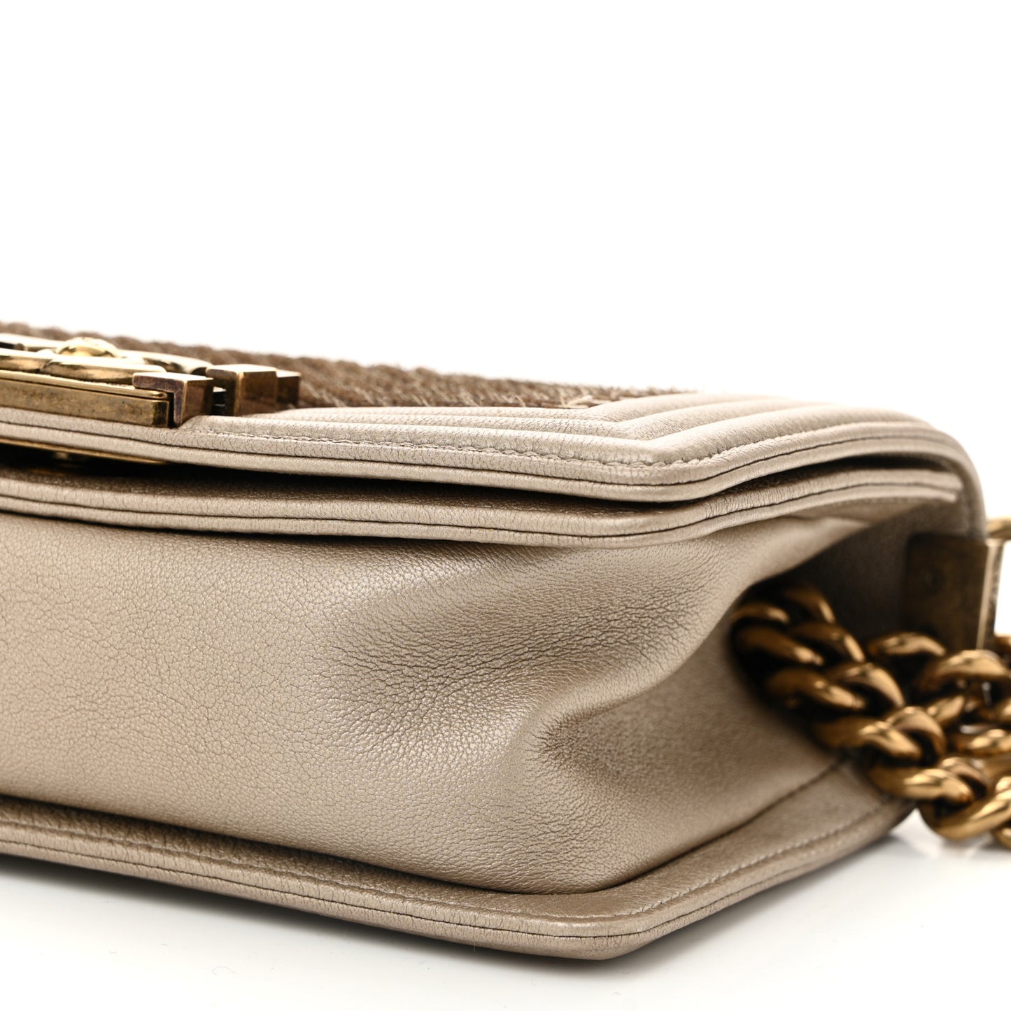 Metallic Lambskin Small Scaled Boy Flap Beige