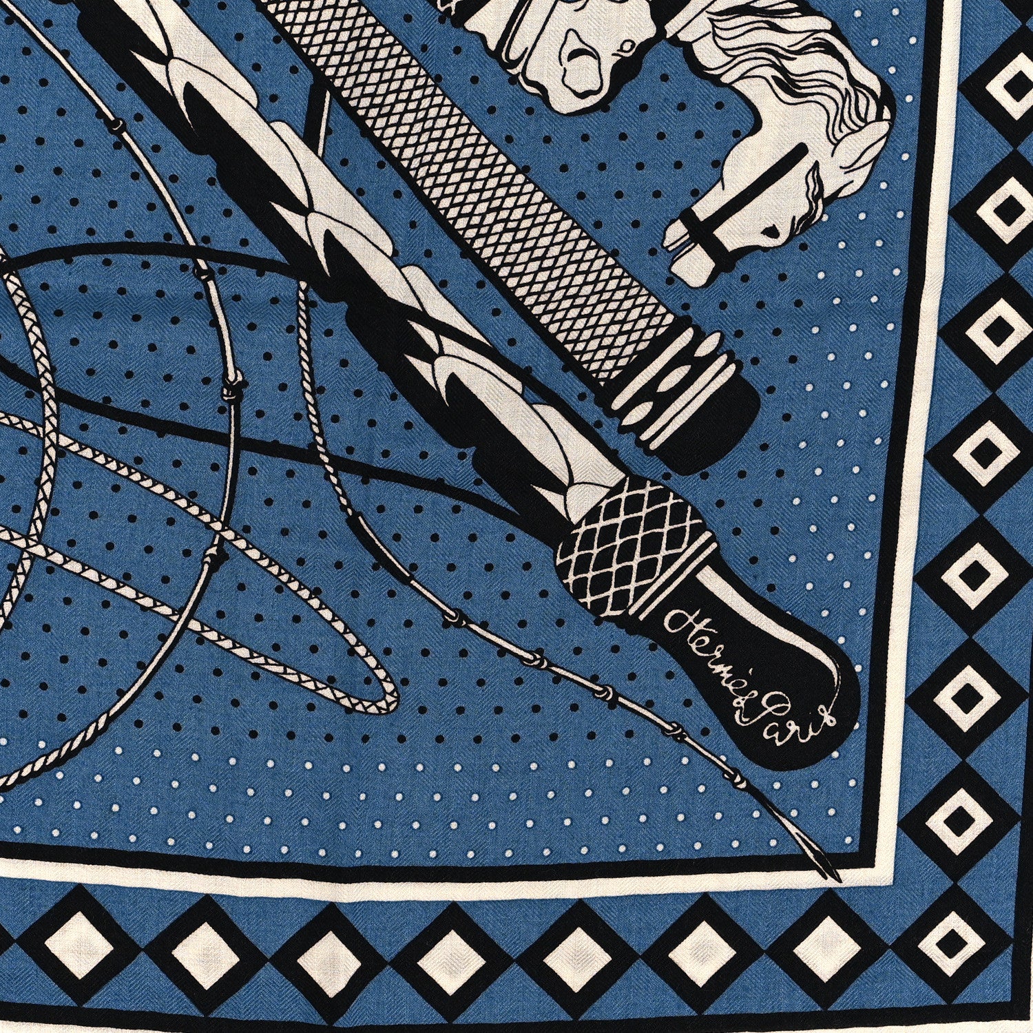 Hermes Silk Cashmere Fouets Et Badines Bandana Shawl 140 Bleu Orage White 2 of 6
