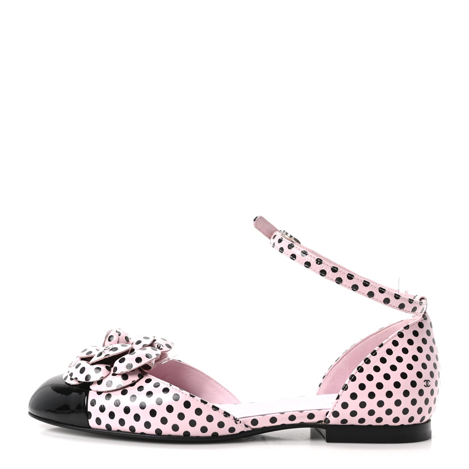 Chanel Lambskin Patent Calfskin Cap Toe Polka Dot Camellia Mary Jane Flats 36 Pink Black 1 of 9