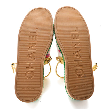 Chanel Lambskin Cotton Cork Printed Cap Toe Chain Mules Sandals 36 Multicolor Green 5 of 13