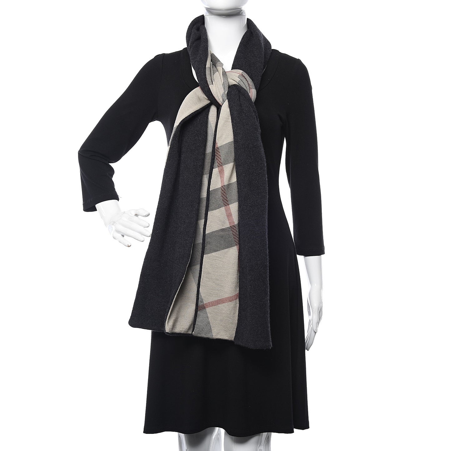Cashmere Wool Solid To Check Knitted Scarf Navy