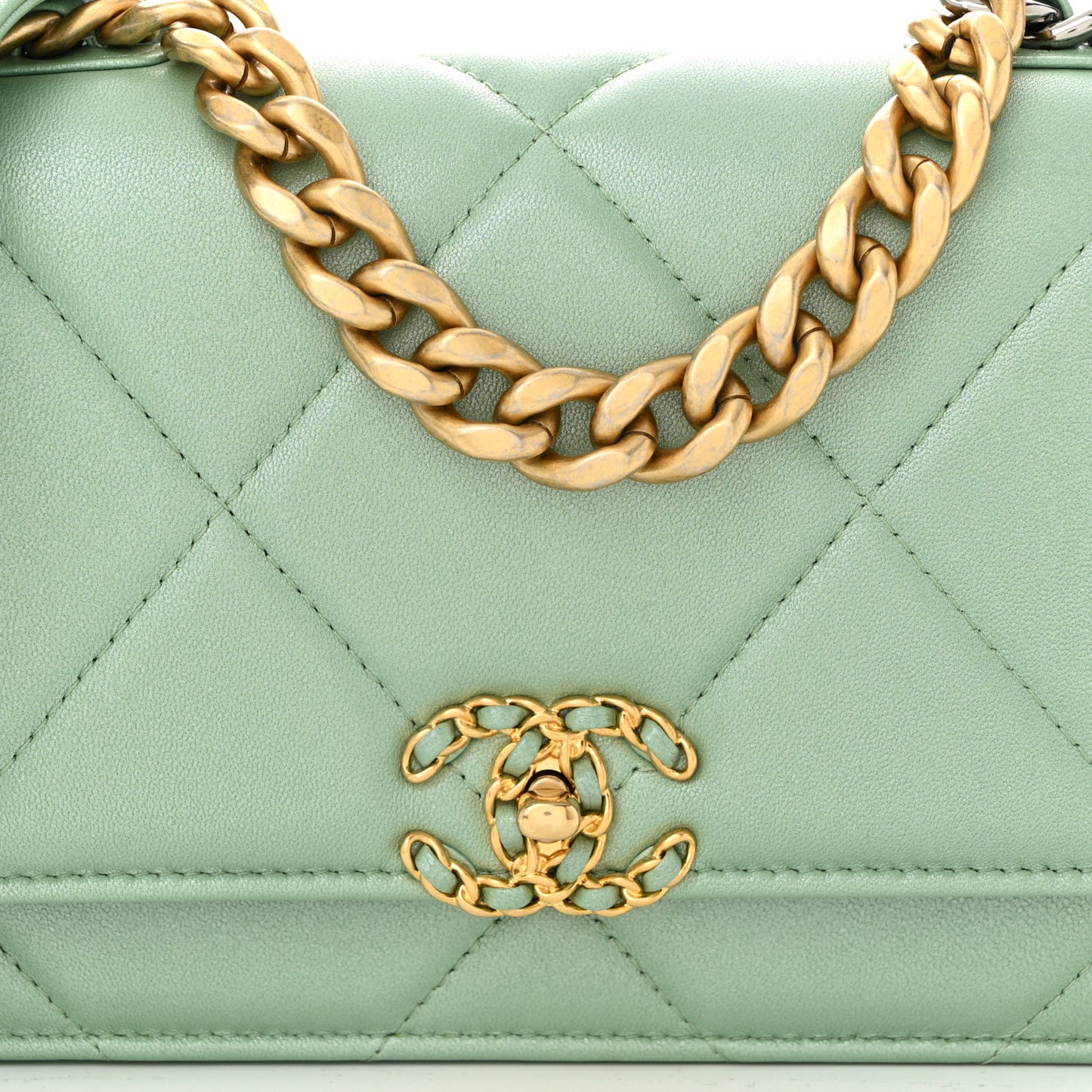 Shiny Lambskin Quilted Chanel 19 Wallet On Chain WOC Light Green