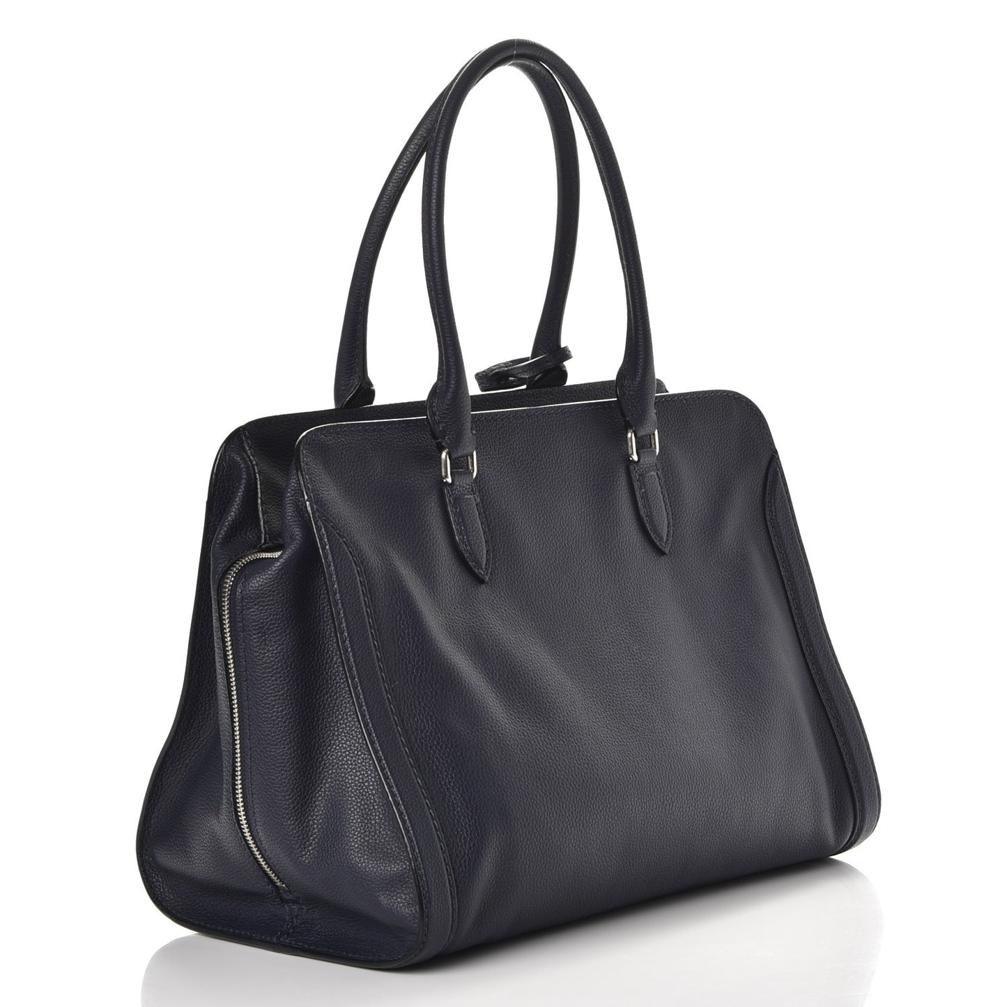 Pebbled Calfskin Large Skull Padlock Zip Around Tote Navy