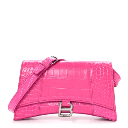 Balenciaga Shiny Calfskin Crocodile Embossed Small Hourglass Sling Shoulder Bag Fuchsia 1 of 15
