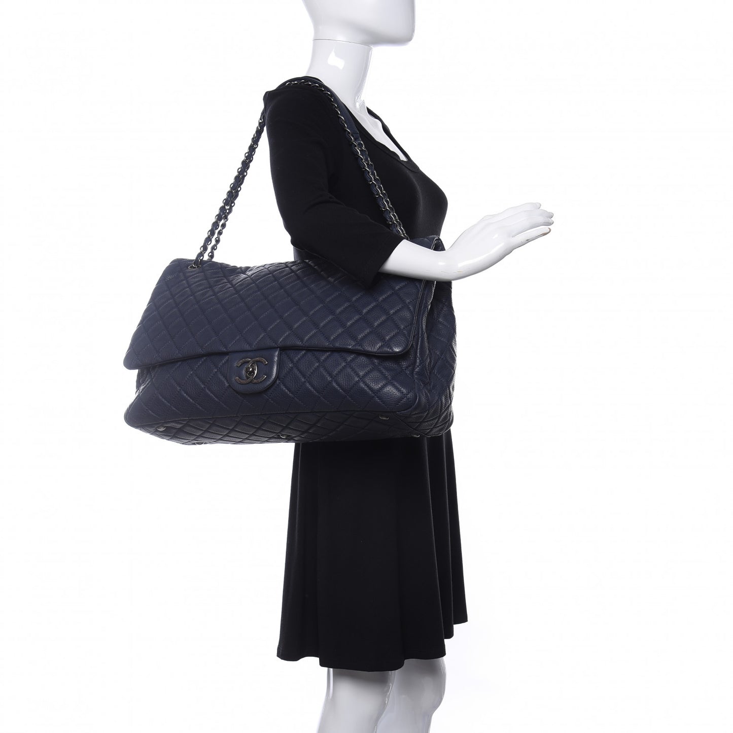 Calfskin Quilted XXL Travel Flap Bag Navy