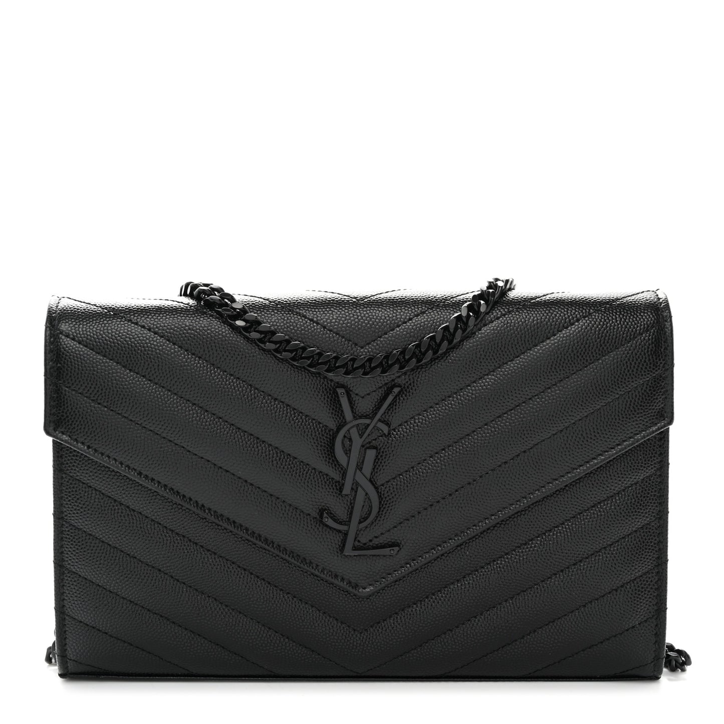 Grain De Poudre Matelasse Chevron Monogram Monochrome Envelope Chain Wallet Black