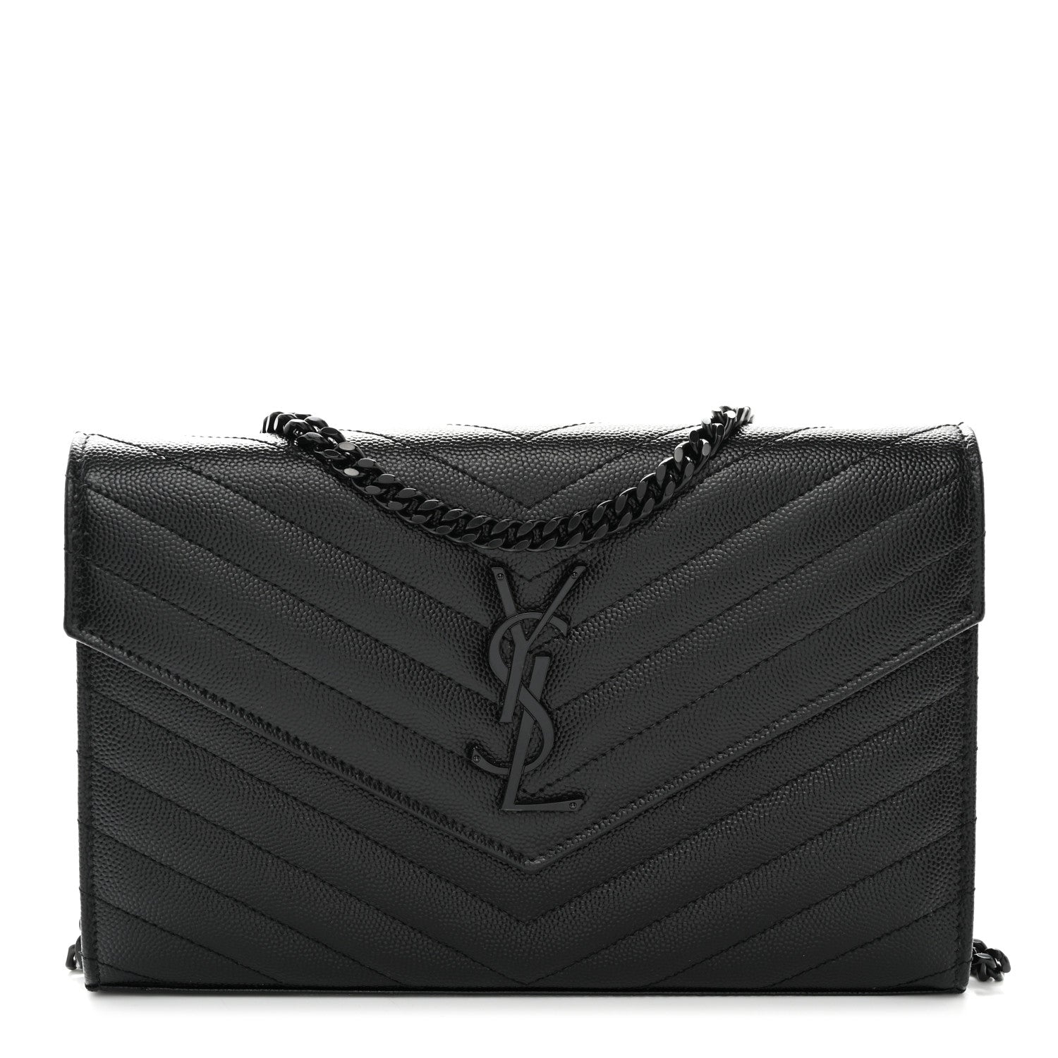 Saint Laurent Grain De Poudre Matelasse Chevron Monogram Monochrome Envelope Chain Wallet Black 1 of 11