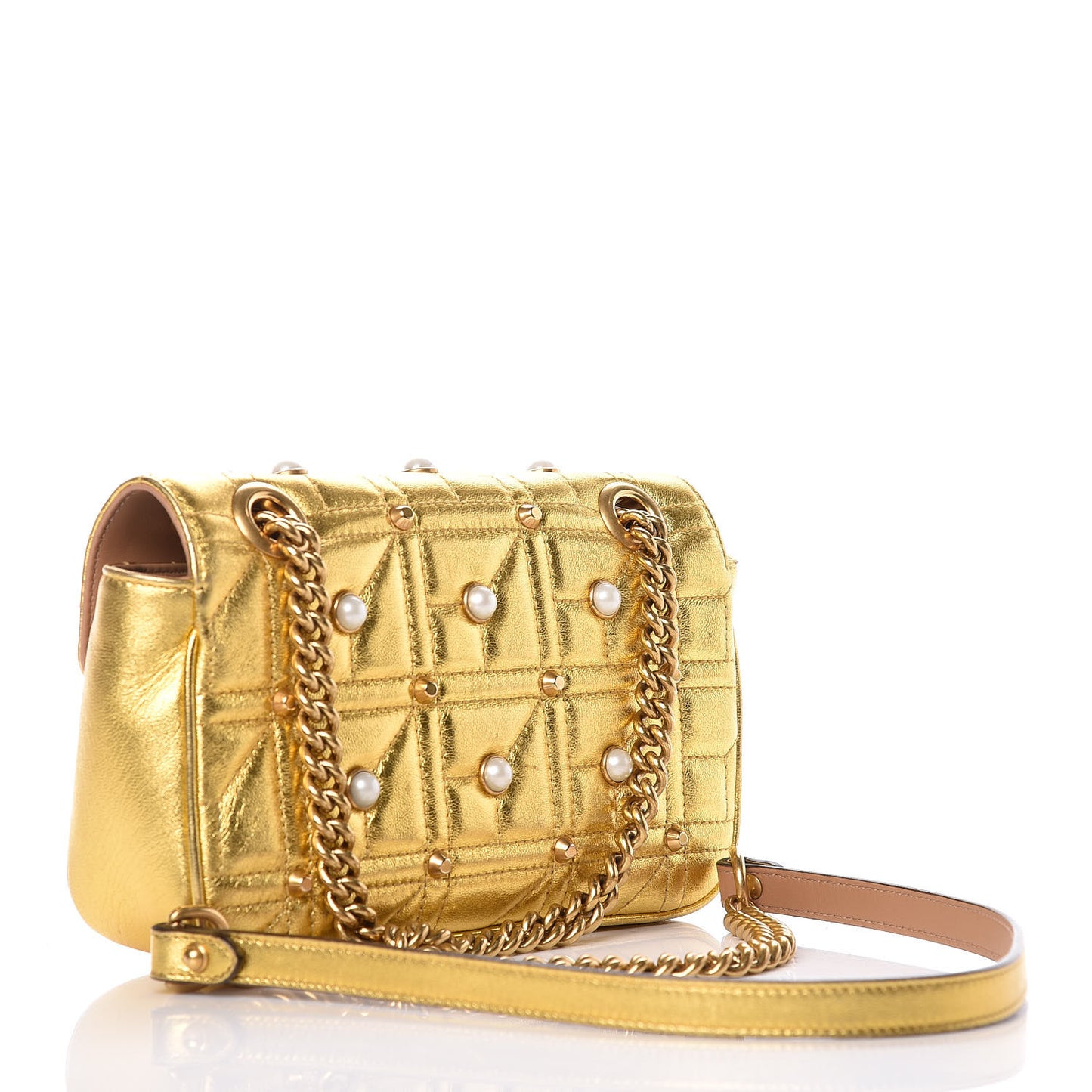 Metallic Calfskin Matelasse Studded Mini Pearly GG Marmont Shoulder Bag Gold
