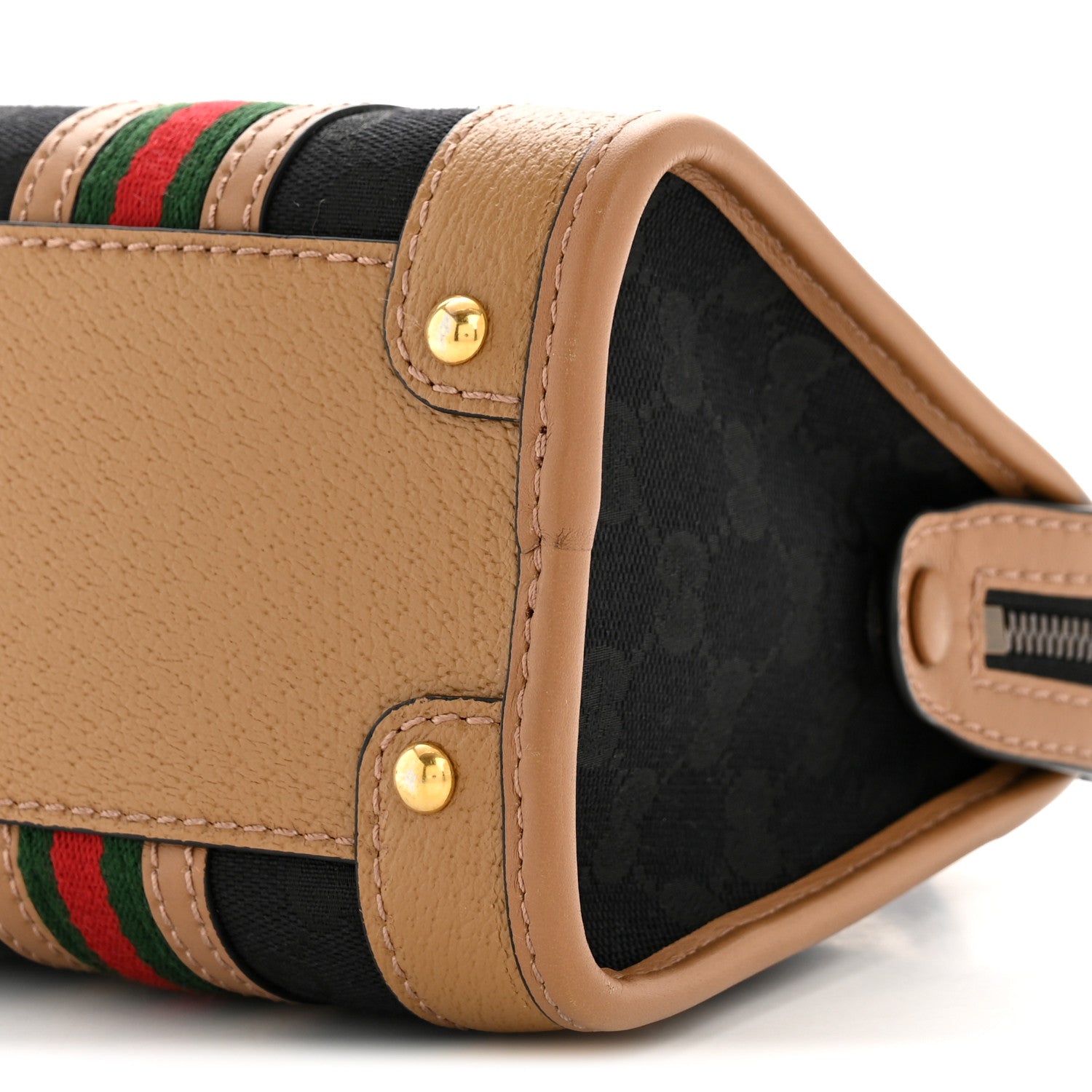 Gucci Monogram Textured Dollar Calfskin Web Mini Bauletto Duffle Top Handle Bag Black Koi Beige 10 of 13