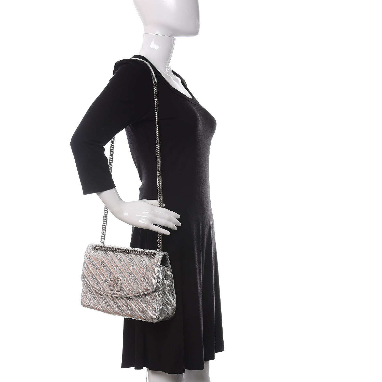 Balenciaga Calfskin Logo Matelasse M BB Round Shoulder Bag Silver 2 of 13