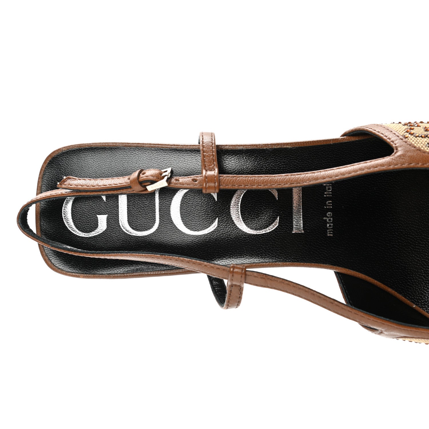 Gucci GG Monogram Malaga Kid Crystal Square G 35mm Slingback Pumps 40 Camel Ebony Cuir 7 of 8