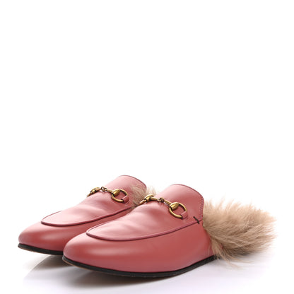 Gucci Calfskin Fur Womens Princetown Slippers 37.5 Lipstick Rose Natural 3 of 8