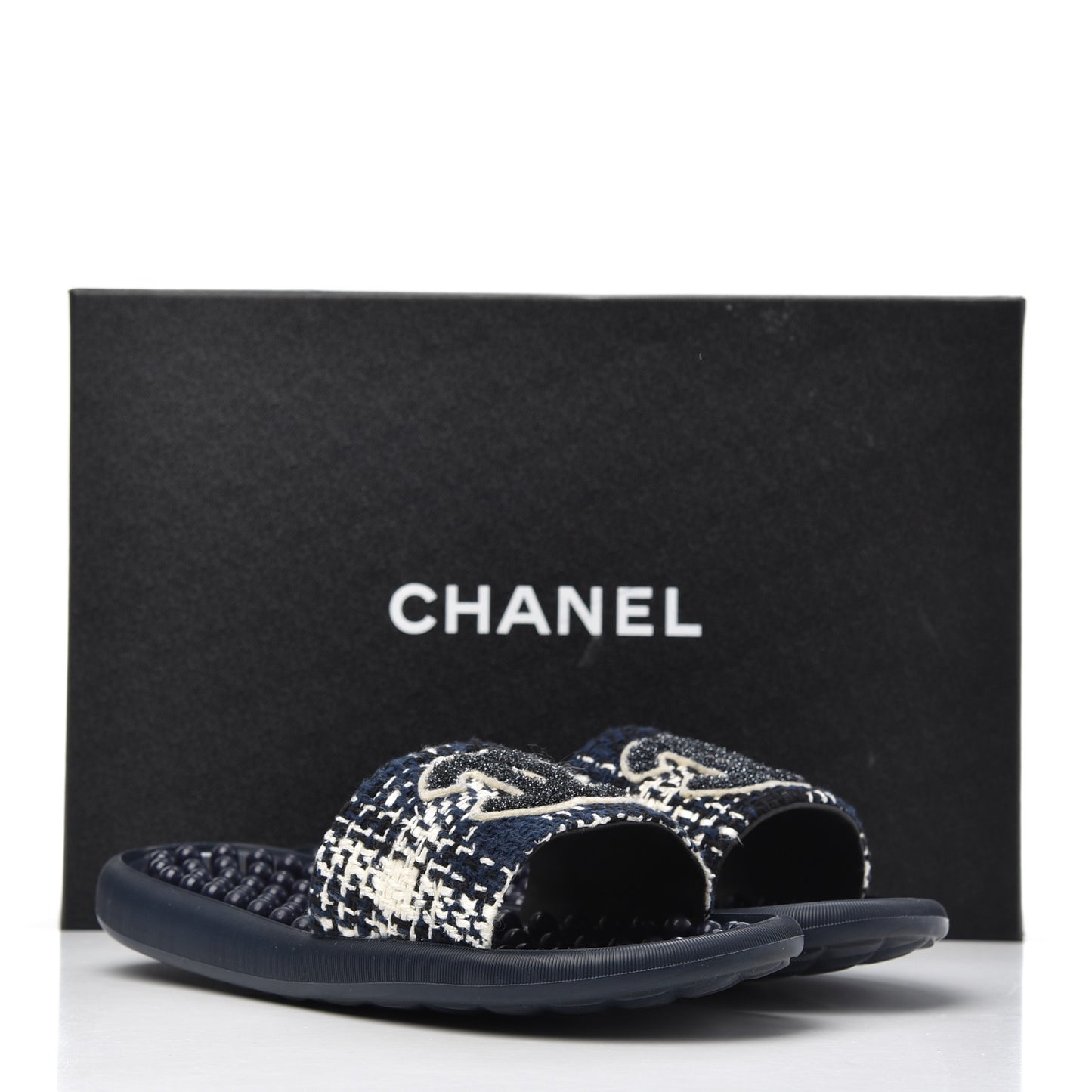 Tweed Rubber CC Flat Mules 36 Navy