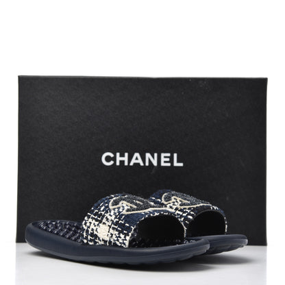 Chanel Tweed Rubber CC Flat Mules 36 Navy 14 of 14